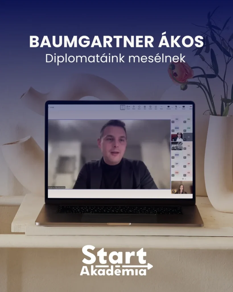 Baumgartner Ákos – Diplomátáink mesélnek plakát laptop képernyővel