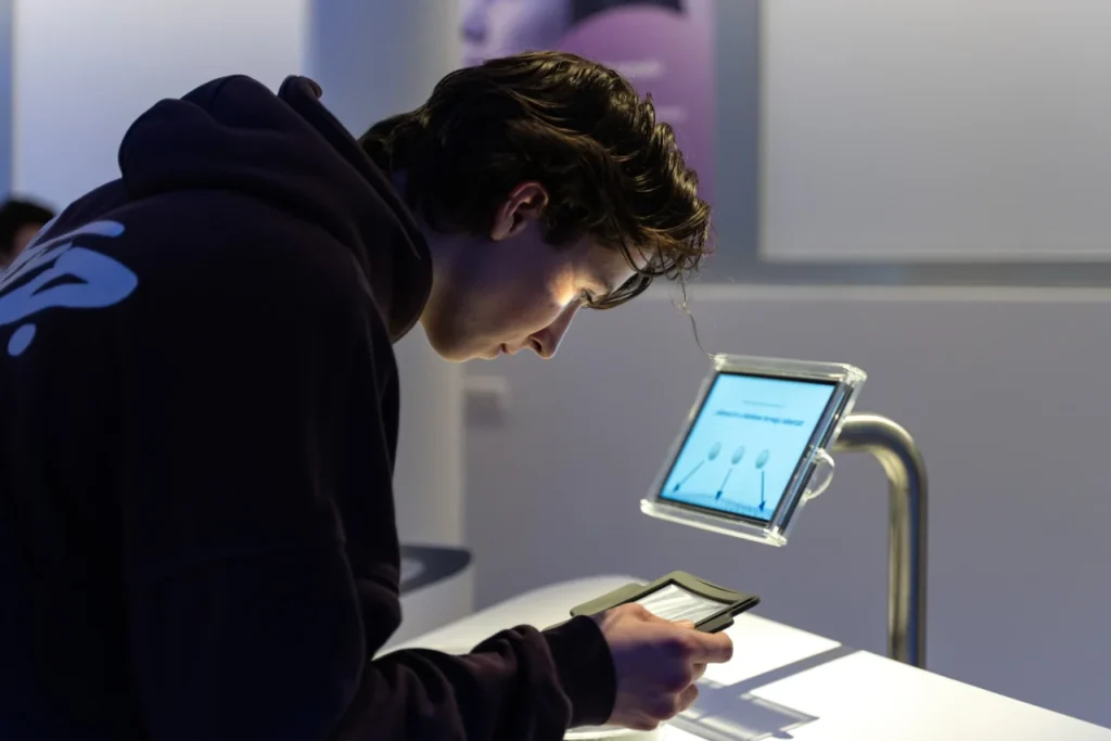 Fiatal látogató tabletet használ kiállításon